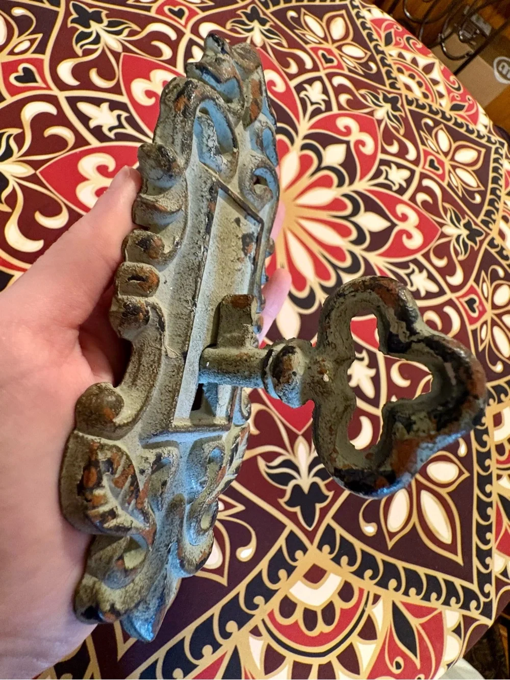 Ornate Rustic Wall Hook - Distressed Sage Green Finish